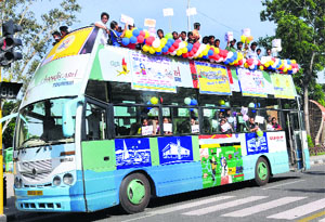 A CITCO bus decorated with balloons and slogans on a voting awareness campaign organised by the Municipal Corporation and Chandigarh Tourism Department in the city on Saturday.