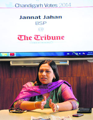 BSP candidate Jannat Jahan talks about her plans for Chandigarh at The Tribune office on Saturday. 