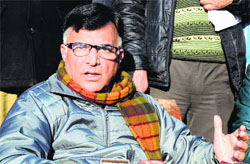 National Conference leader Mehboob Beg addresses a press conference at his residence in Anantnag district on Saturday.
