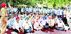 Pensioners of the Punjab State Cooperative Agriculture Development Bank raise slogans during a meeting at Chattar Singh Park in Ludhiana on Saturday