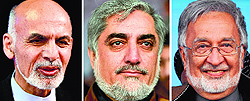This combination of photographs shows Afghan Presidential candidates Ashraf Ghani Ahmadzai (left), Abdullah Abdullah (centre) and Zalmai Rassoul