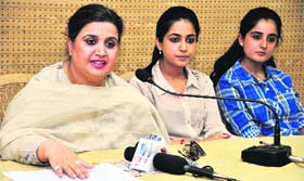 Gurindesh Sandhu with her daughter, Minaal Sandhu and Scheherazade Sandhu, addresses a press conference in Sector 27, Chandigarh, on Sunday