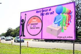 A hoarding installed alongside a road to encourage voters to exercise their franchise in Chandigarh
