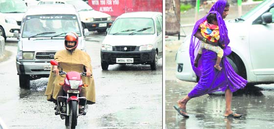 A man wearing a raincoat drives through rain; and (right) a woman holding her child runs for shelter in Jammu on Sunday