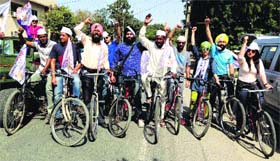 Workers of the AAP campaign on bicycles in Ludhiana on Sunday.
