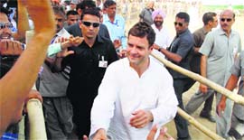 Congress vice-president Rahul Gandhi meets people during a rally in Sirsa on Sunday.