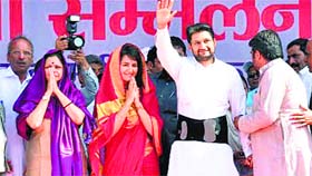 Congress candidate from Rohtak Deepender Singh Hooda at a workers meeting with wife Shweta Hooda (centre) and mother Asha Hooda in Rohtak.