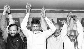 (From left) BJPs Prakash Javadekar, TDP chief Chandrababu Naidu and SADs Naresh Gujral in Hyderabad on Sunday.