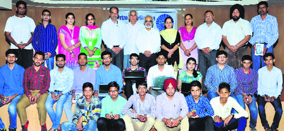 Students of Baba Farid Senior Secondary School who cleared the scholarship test in Bathinda on Monday. Tribune photograph