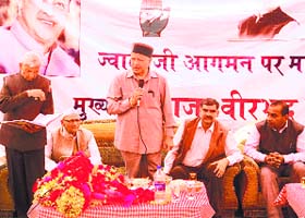 Chief Minister Virbhadra Singh addresses a public meeting at Jwalamukhi on Sunday