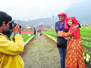 A couple poses for a photograph at the Tulip Garden in Srinagar on Monday. The garden boasts of 76 varities of bulbs.