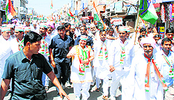 Haryana Education Minister Geeta Bhukkal takes out a padyatra in Jhajjar on Tuesday