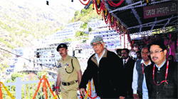 Governor NN Vohra reviews development works at Vaishno Devi Shrine on Tuesday. A Tribune photograph