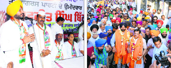 Ravneet Singh Bittu addresses a public meeting in Ludhiana; and (right) Manpreet Singh Ayali with his supporters.