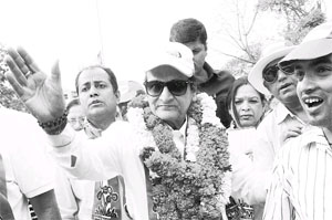TMC candidate and actor Biswajit during a road show in New Delhi constituency on Tuesday.