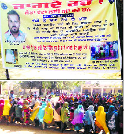 A poster against the use of drugs and money in elections put up by awarded teacher Rajinder Brar; and (below) parents of schoolchildren attend a meeting on voter awareness at Government Primary School in Abohar. 