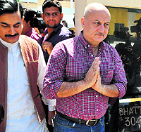 Anupam Kher, husband of Kirron Kher, comes out after meeting Savita Bhatti at her residence in Sector 19 on Wednesday