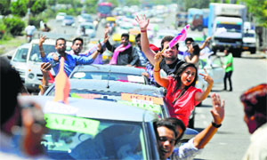 Students take out a car rally to create awareness about the importance of voting, in Ludhiana on Wednesday. Nearly 200 students registered their cars for the rally that went across the city to spread the message.