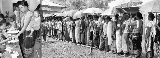 A woman casts her vote at a polling station; (right) people stand in a queue at a polling station
