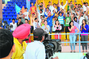 A shoot of the Punjabi film Yarana in progress at the Multipurpose Sports Stadium in Bathinda on Thursday.