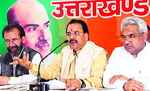 Ajay Bhatt, Leader of Opposition in the Assembly, addresses a press conference at the party office in Dehradun on Thursday