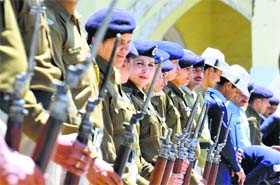 Police personnel rehearse for Himachal Day on The Ridge in Shimla on Thursday.
