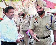 Police observer AK Murthi (left) being welcomed by SSP (Rural) Jaspreet Singh Sidhu during his visit to Jalandhar on Thursday