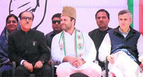 Congress vice-president Rahul Gandhi with Chief Minister Omar Abdullah and JKPCC chief Saifuddin Soz at a public meeting in Doda on Friday.