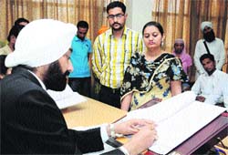 A Mega Lok Adalat in progress at the District Judicial Complex in Bathinda on Saturday. Tribune photo