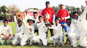 Yadvindra Public School players in a jubilant mood after winning the First Amanjit Singh Memorial Cricket Tournament held in Mohali on Saturday.