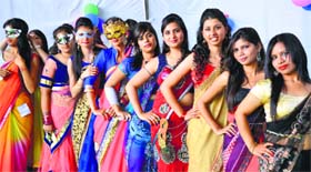 Students strike a pose during the Miss Farewell party at DAV College for Girls in Yamunanagar on Friday.