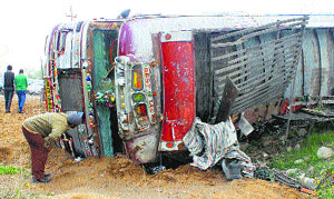 The mangled remains of a bus which met with an accident in Pulwama district on Saturday.