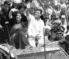 Congress vice-president Rahul Gandhi along with his sister Priyanka on his way to file his papers in Amethi on Saturday. PTI 