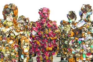 A general view shows sculptures made of waste material titled "Trash People" by German Artist HA Schult (unseen) in Ariel Sharon Park, in the suburbs of Tel Aviv