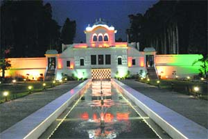 A night view of the Pinjore Gardens highlights the pools and pavilions