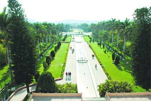 The main canal of Pinjore Gardens, along with bilateral symmetry of royal palm trees, creates a linear vista