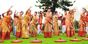 The Rongali Bihu, the dance of festivity and spring in Assam is a harvest ritual. The red in the womens clothes symbolises fertility