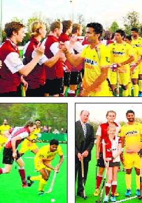 Clockwise from the top: The Indian players greet the team members of the Leiden Hockey Club; Rupinder Pal Singh poses for a customary photo before the match; and players in action