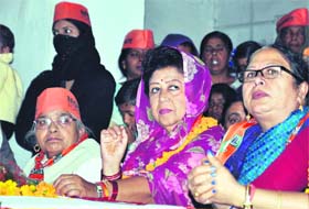 BJP candidate Mala Raj Laxmi Shah during a womens cell meeting in Dehradun on Sunday.
