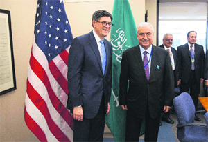 US Secretary of the Treasury Jack Lew (L) with Finance Minister of Saudi Arabia Ibrahim Al-Assaf during the IMF/World Bank 2014 Spring Meeting in Washington