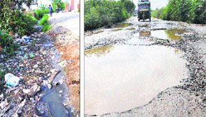 A view of the open drain in Dakoha Colony; and (right) the road leading to Dakhoa village in Jalandhar in a bad shape.