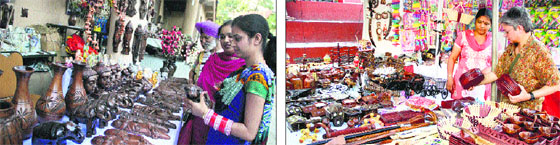 Visitors at Rajasthan handicrafts exhibition at Virsa Vihar; and (right) visitors at Apex Trade Fair at Desh Bhagat Yaadgar Hall showcasing handloom products in Jalandhar.