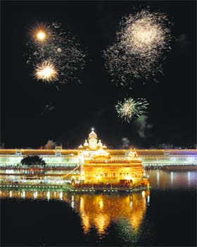 Celebrations: A view of fireworks at the Golden Temple on the occasion of Baisakhi on Monday