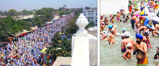 Lakhs of devotees on their way to participate in the Baisakhi festival at Takht Damdama Sahib; (right) devotees take bath at the sarovar of Takht Damdama Sahib gurdwara
