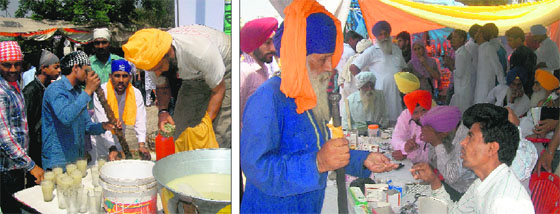 (below left) volunteers serve thandai to devotees; (below right) members of the Medical Practitioners Association distribute medicines to the needy.