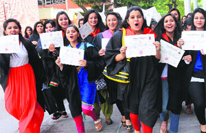 Students of MCM DAV College, Sector 36, Chandigarh, in a jubilant mood after the convocation on Monday.