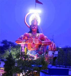 An illuminated temple of Hanuman on the occasion of Hanuman Jayanti at Karol Bagh in New Delhi on Monday