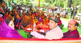 Congress candidate from Mandi Pratibha Singh at Jibhi village of Banjar subdivision in Kullu on Monday.