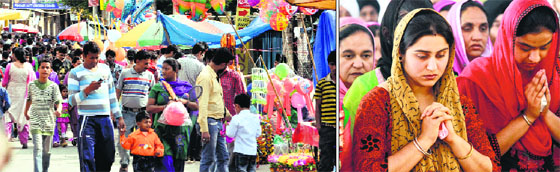 Residents throng a mela on the Canal Road; and (right) devotees pay obeisance at a gurdwara on Baisakhi in Jammu.