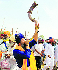 Nihangs display their skills on the concluding day of the Baisakhi Mela at Talwandi Sabo on Tuesday